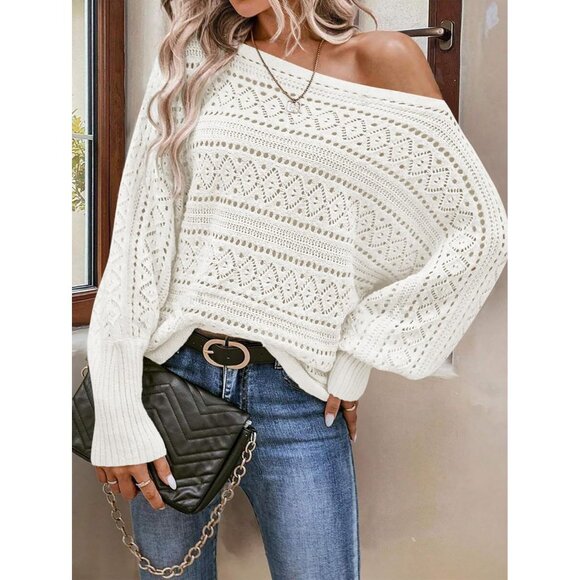 Womens Off Shoulder Knit Sweater Top Oversized Batwing Fall Casual Stylish - Picture 2 of 8